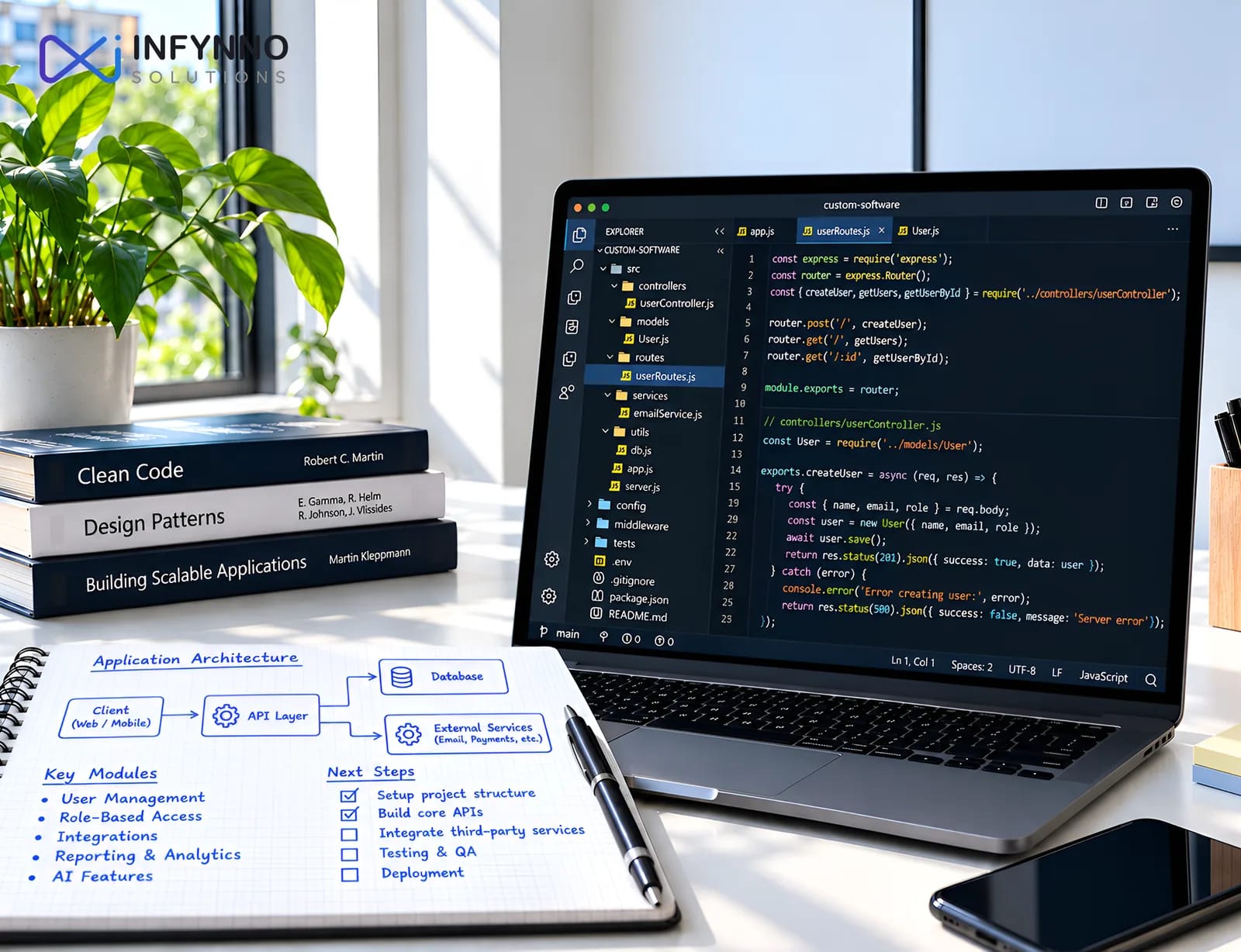 Custom software development: application architecture, key modules and integrations alongside code on a laptop