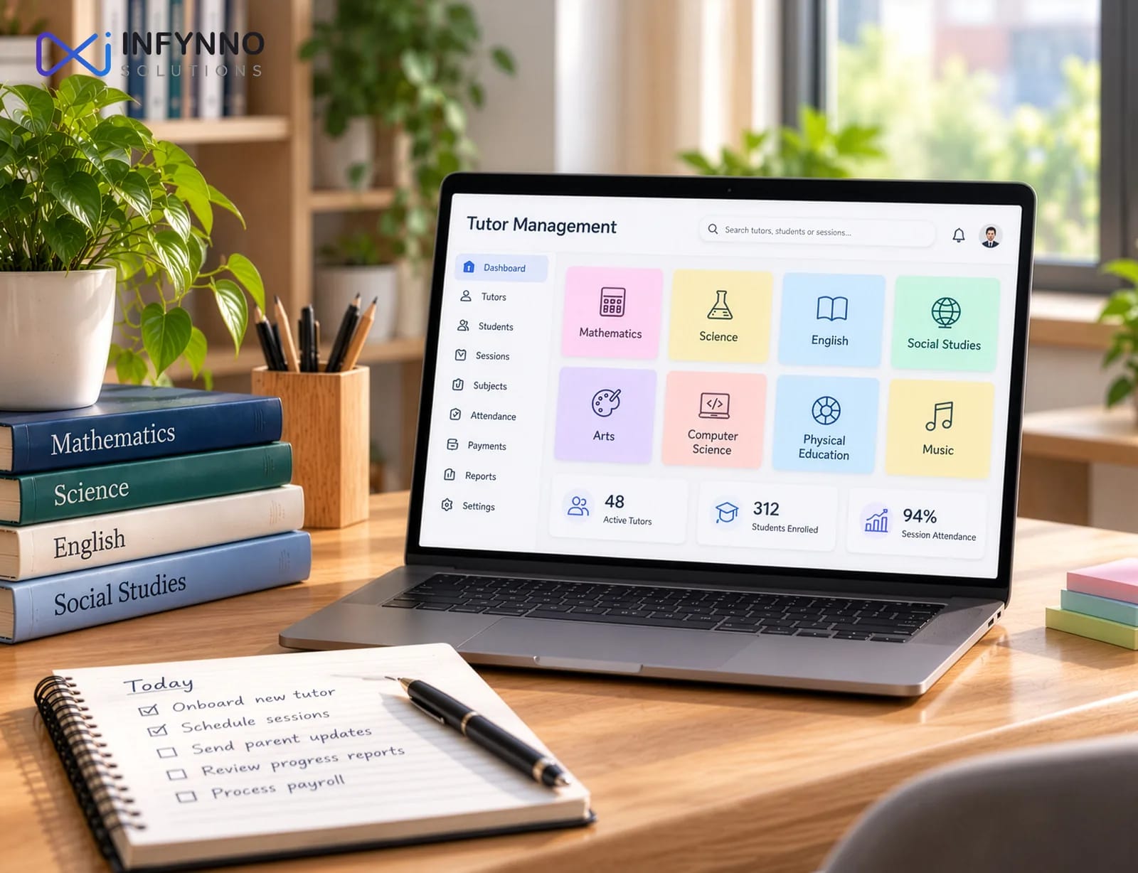 Tutor management software with a dashboard for tutors, subjects, sessions, attendance and payments